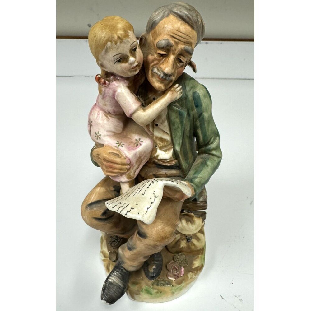 Vintage Norleans Grandpa Reading to Granddaughter With Dog Figurine - Japan